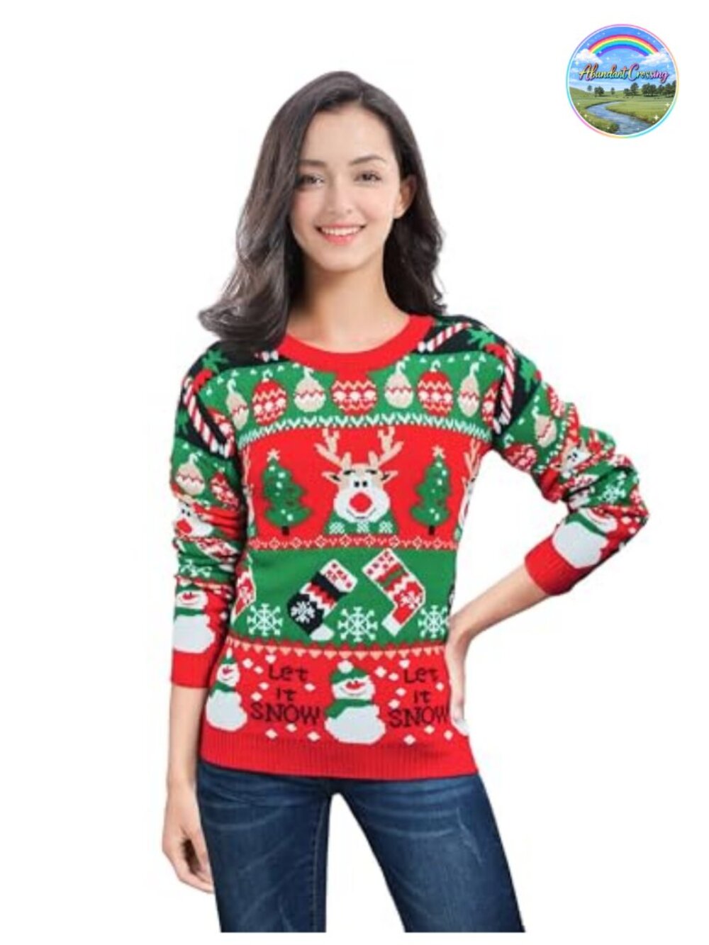 Ugly Christmas Sweater Women Reindeer Pullover Knit Long Sleeve Crewneck